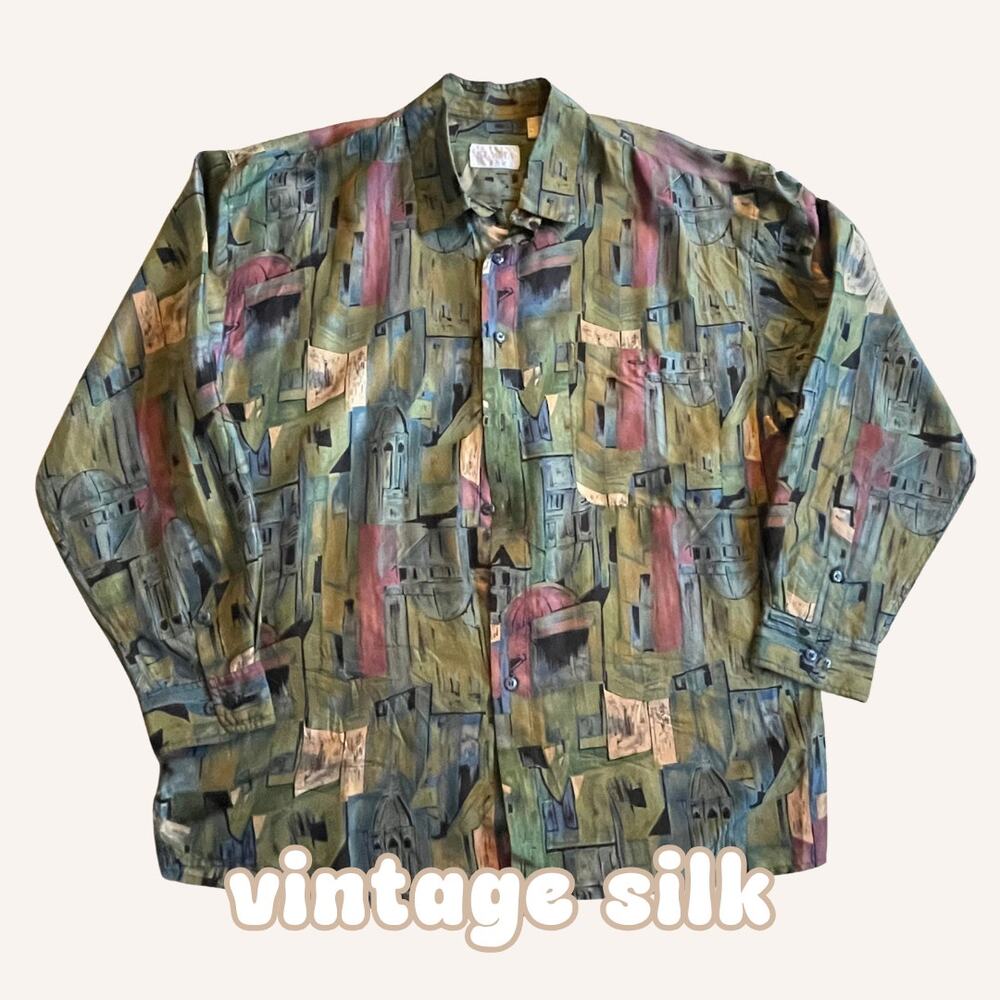 SUMMA SILK shirt olive green large silk vintage 90s abstract art cityscape